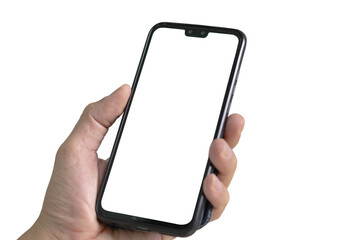Man hand holding the smartphone with blank screen isolated on white background with clipping path.