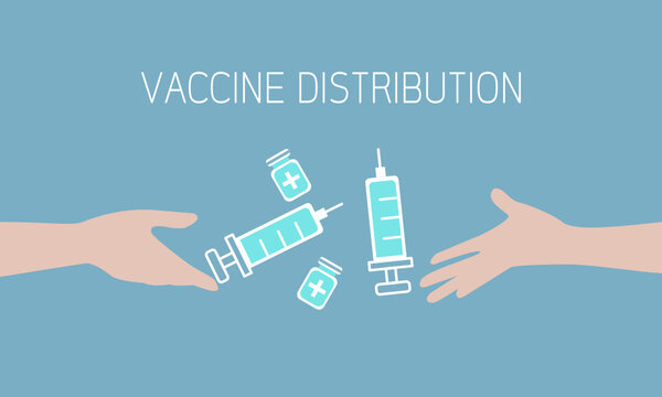 Vector concept of vaccine distribution. Hand giving syringe and bottle of vaccine to hand. illustration. Sharing vaccine concept.