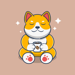 Cute Shiba Inu Dog Holding a Coffee Cup Cartoon Vector Icon Illustration