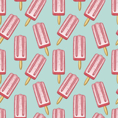 Illustration digital drawing ice cream seamless pattern of different shapes and colors on background. High quality illustration