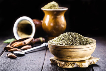 mate chimarrão herb, with cumbuca in the background, herb used in Brazil in hot drinks