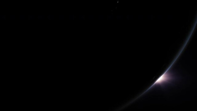 A cinematic rendering of sunrise above the planet Earth horizon rotating from the night side terminator to the illuminated daylight side