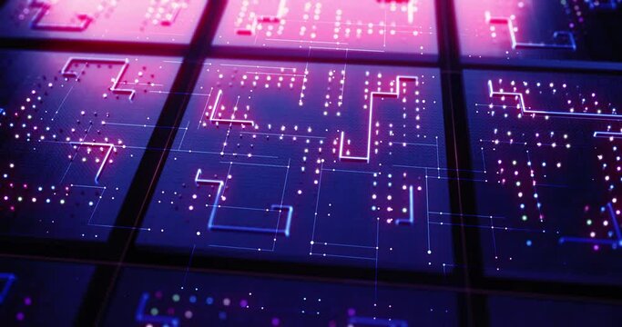 Circuit Board Pattern Close Up. CPU Data Processing. Artificial Intelligence. Computer And Technology Related 4K 3D CG Animation.