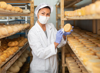 Confident woman cheesemaker wearing white robe and protective face mask checking aging process of...