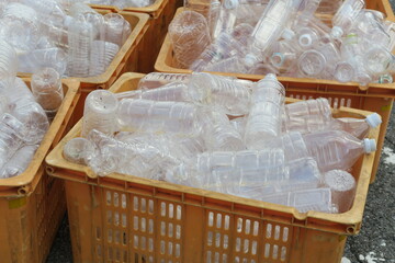 Fototapeta na wymiar Plastic bottles in recycle bins in Kasukabe, Saitama, Japan. August 6, 2021.