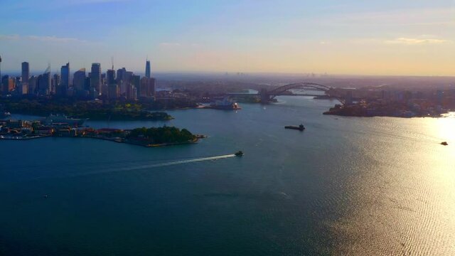 Aerial View of Entire Sydney Harbour with Ferry Ship sailing in Midday, NSW Australia