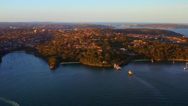 Aerial View of Taronga Zoo Wharf in Sydney Harbour during Sunset, NSW Australia