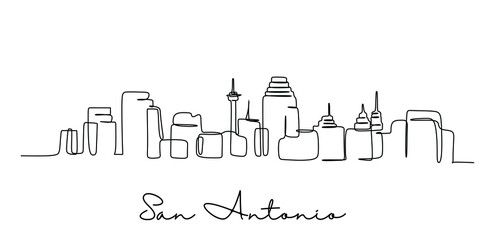 One continuous line drawing of San Antonio city skyline, USA. Beautiful landmark. World landscape tourism travel vacation poster. Editable stylish stroke single line draw design vector illustration