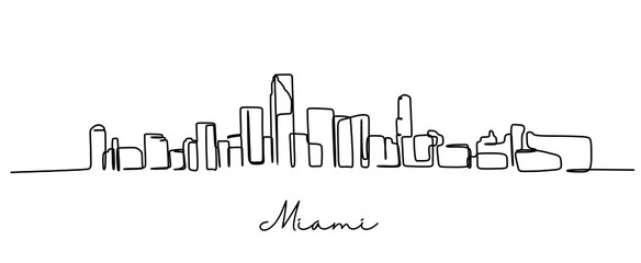 One single line drawing Miami city skyline, United States. Historical town landscape. Best holiday destination home wall decor poster print art. Trendy continuous line draw design vector illustration