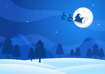 Fototapeta premium Christmas Winter Landscape and New Year Background Vector Illustration With a View Of Falling White Snow, Trees, Mountains In Flat Style Design