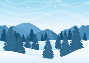 Christmas Winter Landscape and New Year Background Vector Illustration With a View Of Falling White Snow, Trees, Mountains In Flat Style Design