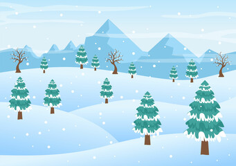 Fototapeta premium Christmas Winter Landscape and New Year Background Vector Illustration With a View Of Falling White Snow, Trees, Mountains In Flat Style Design