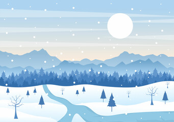 Fototapeta na wymiar Christmas Winter Landscape and New Year Background Vector Illustration With a View Of Falling White Snow, Trees, Mountains In Flat Style Design