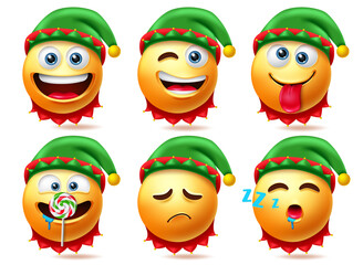 Elf smileys christmas character vector set. Elfs smiley characters in sleeping, eating and naughty facial expressions for xmas cute 3d emojis collection design. Vector illustration
 - obrazy, fototapety, plakaty