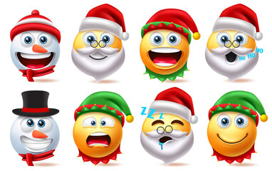 Christmas smiley characters vector set. Smileys xmas character element like santa claus, snow man and elf isolated in white background for cute avatar emoji collection design. Vector illustration
