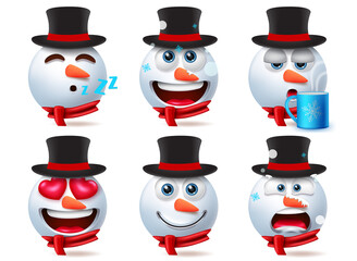 Snow man smiley characters vector set. Snowman 3d smileys character in cute facial expression like drinking, inlove, cold and sleeping for xmas winter emojis collection design. Vector illustration
