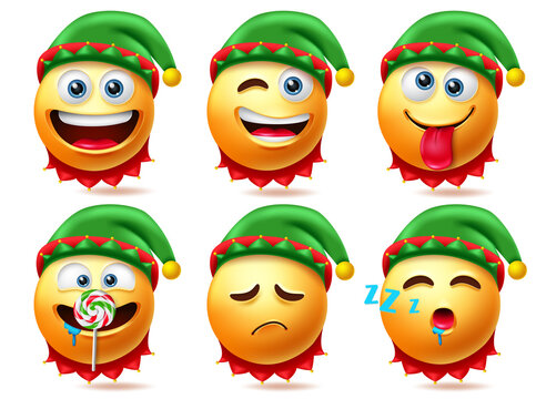 Elf smileys christmas character vector set. Elfs smiley characters in sleeping, eating and naughty facial expressions for xmas cute 3d emojis collection design. Vector illustration
