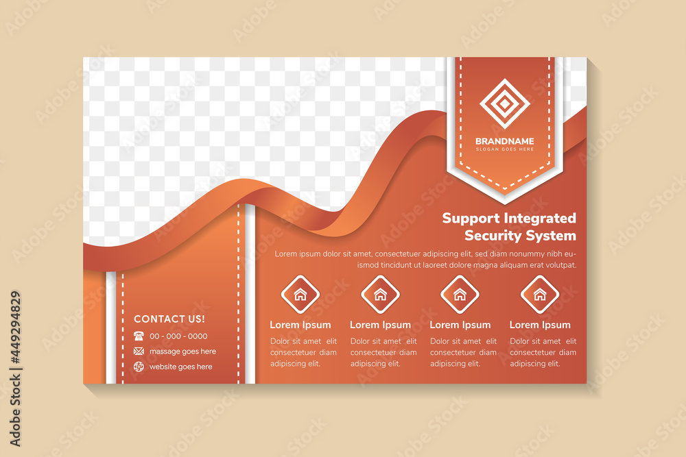 Aufkleber support integrated security system flyer design template use horizontal layout. brown orange gradien