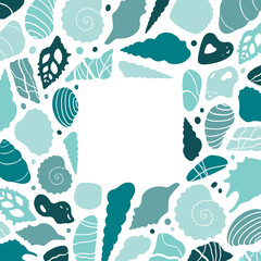 Abstract illustration of summer time concept. Underwater set of silhouettes. .Shells, stones, shapes. Flat vector illustration. Card template