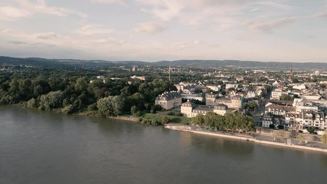 Panoramic aerial view of public Rhine river in city  in a beautiful summer day, Germany