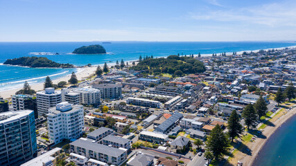 Aerial View from Houses close to the Beach, Green Trees, Mountain, Mount Maunganui, Boats in...
