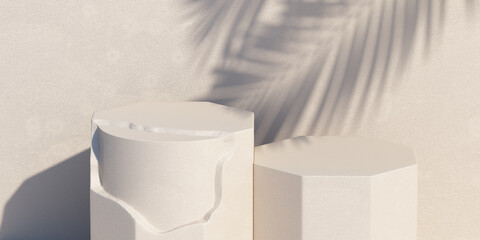 octagon podium and natural light leaf shadow background for product presentation. 3d rendering illustration.