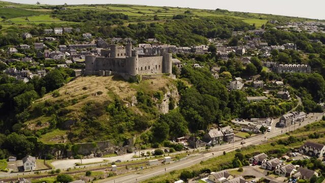 Harlech Castle in Harlech, Gwynedd, Wales, UK - showing how the coast has receded from the base of the castle