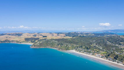 Aerial View from Ocean, Beach, Green Trees and Mountains in Waiheke Island, New Zealand - Auckland Area
