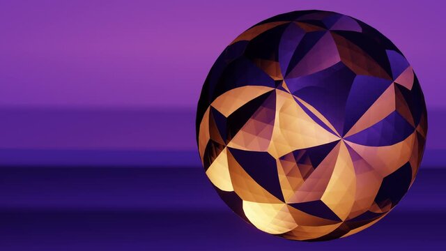 Seamless loop presentation, modern futuristic backdrop 3d vector animation in deep dream purple and violet blue color tones and crystal ball on right side of screen