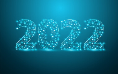 2022 new year text design with mesh stylish alphabet letters numbers, Graphic background communication structure with connected dots lines, Vector illustration