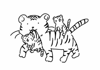 子供をくわえて歩く虎の親子手描き風イラスト白黒