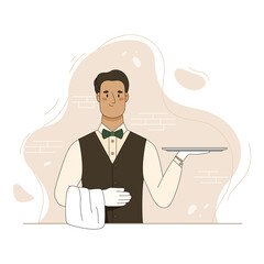Cartoon waiter hold empty serving tray for food. Vector flat illustration