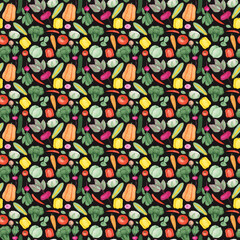 Watercolor vegetables seamless pattern on a black background. Hand-drawn pumpkin, corn, red chili pepper, cabbage, radish with leaves, cucumber, tomato, eggplant, carrot, onion, and spinach print.