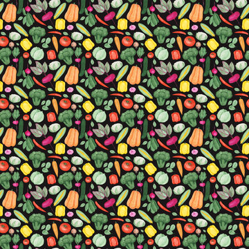 Watercolor vegetables seamless pattern on a black background. Hand-drawn pumpkin, corn, red chili pepper, cabbage, radish with leaves, cucumber, tomato, eggplant, carrot, onion, and spinach print.