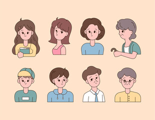 A collection of avatars by age with cute faces. outline simple vector illustration.