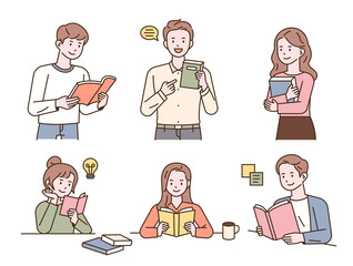 Naklejka premium Collection of people reading a book. outline simple vector illustration.
