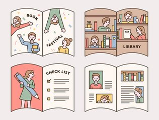 Various book illustrations in the frame of an open book. happy people. people in the library. person who writes. outline simple vector illustration.