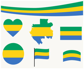 Gabon Flag Map Ribbon And Heart Icons Vector Illustration Abstract National Emblem Design Elements collection