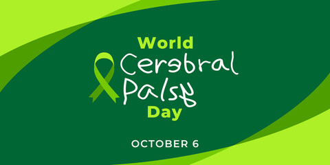 World Cerebral Palsy Day. Vector web banner, illustration, poster, card for social media. Text World Cerebral Palsy Day, october 6. A ribbon, an inscription on a green background. - obrazy, fototapety, plakaty
