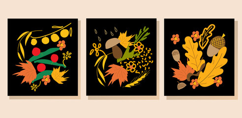 Fototapeta na wymiar Autumn flowers, leaves, acorns, mushrooms, berries in posters on black. Colored flat illustration.