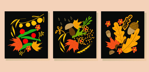 Autumn flowers, leaves, acorns, mushrooms, berries in posters on black. Colored flat illustration.