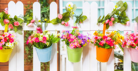 Hanging Flower Pots with fence - obrazy, fototapety, plakaty
