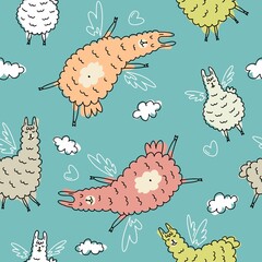 Vector childish pattern llama flying in the clouds in the sky
