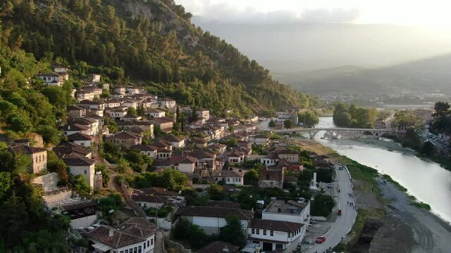 Dron view 4k of Berat, Albania, the city of a thousand windows. Christian part of Berat