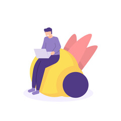 illustration of a male employee sitting on a light bulb. work on a laptop. creative and innovative worker concept, full of ideas, smart. flat cartoon style. vector design