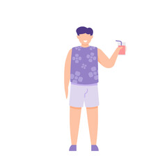 illustration of a male tourist standing and enjoying a glass of juice. holding a glass. people smiling.flat cartoon style. vector design