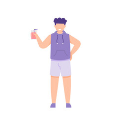 illustration of a male tourist standing and enjoying a glass of juice. holding a glass. people smiling.flat cartoon style. vector design