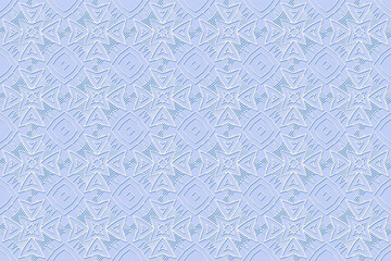 Geometric volumetric convex 3D blue pattern, arabesque for wallpaper, websites, textiles. Embossed decorative background in traditional oriental, Indian style. Texture with ethnic ornament.