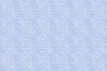 Geometric volumetric convex 3D blue pattern, arabesque for wallpaper, sites, textiles. Embossed original background in traditional oriental, Indian style. Texture with ethnic ornament.