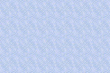 Geometric volumetric convex 3D blue pattern, arabesque for wallpaper, websites, textiles. Relief graceful background in traditional oriental, Indian style. Texture with ethnic ornament.